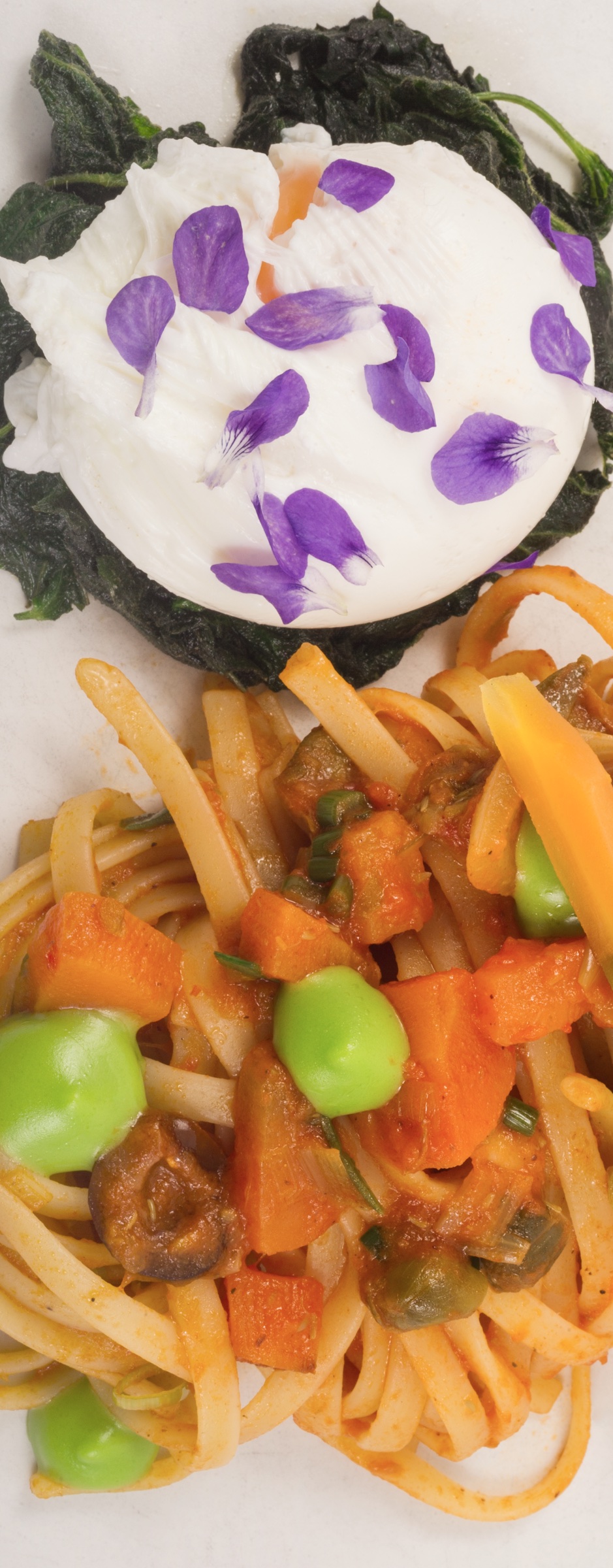 Burrata, fresh pasta and seasonal vegetables styled for a culinary production
