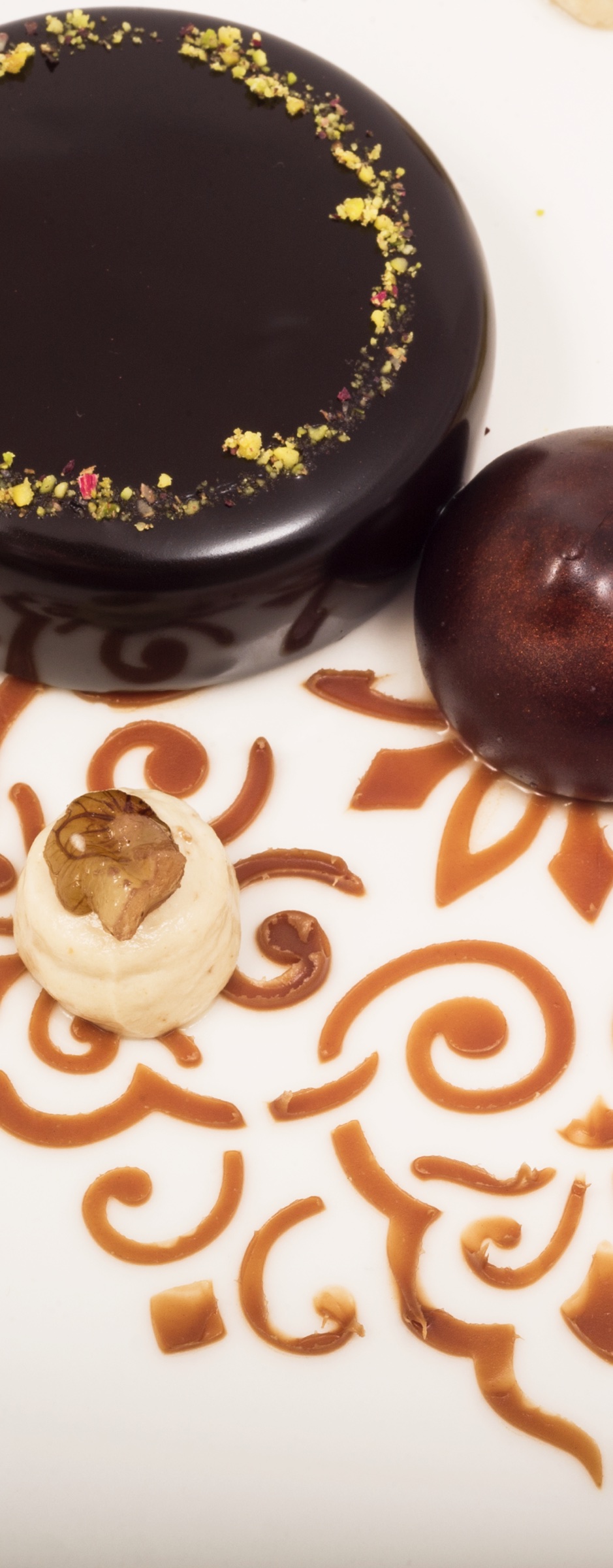 Glossy chocolate dessert with sculpted caramel details