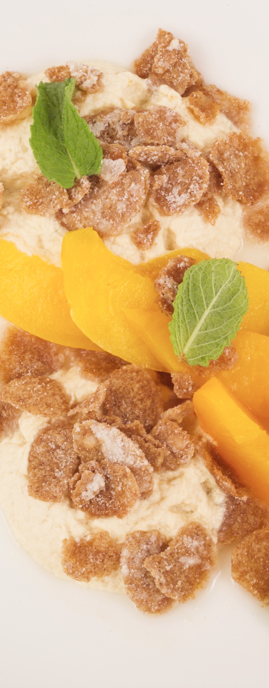 Mango dessert with mint and caramelised textures